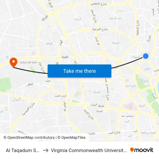 Al Taqadum Stop 1 to Virginia Commonwealth University - Qatar map