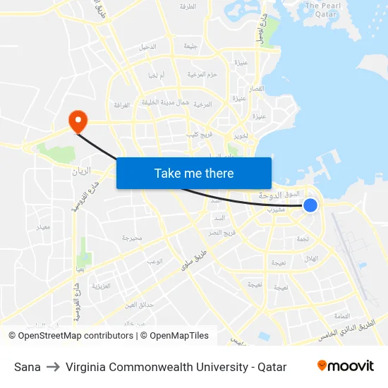 Sana to Virginia Commonwealth University - Qatar map