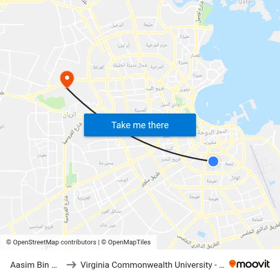 Aasim Bin Ali 2 to Virginia Commonwealth University - Qatar map