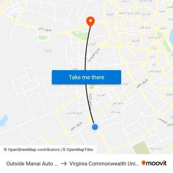 Outside Manai Auto Work Shop to Virginia Commonwealth University - Qatar map