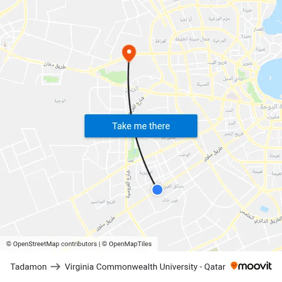Tadamon to Virginia Commonwealth University - Qatar map