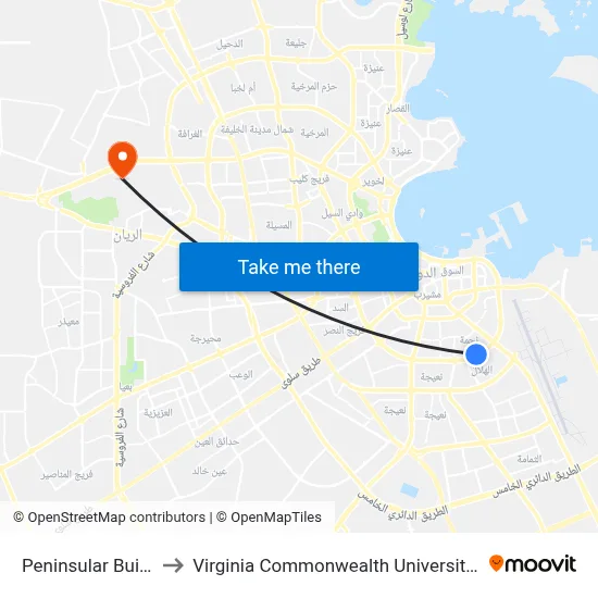Peninsular Building to Virginia Commonwealth University - Qatar map