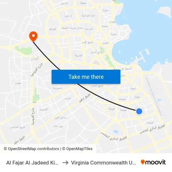 Al Fajar Al Jadeed Kindergarten 1 to Virginia Commonwealth University - Qatar map