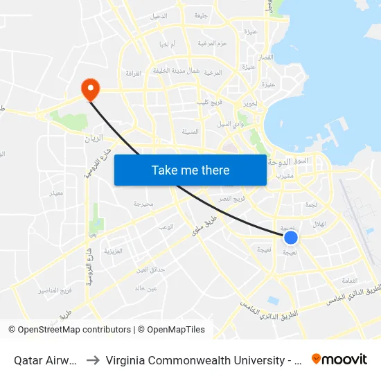 Qatar Airways to Virginia Commonwealth University - Qatar map