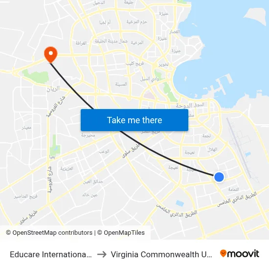 Educare International Academy 2 to Virginia Commonwealth University - Qatar map