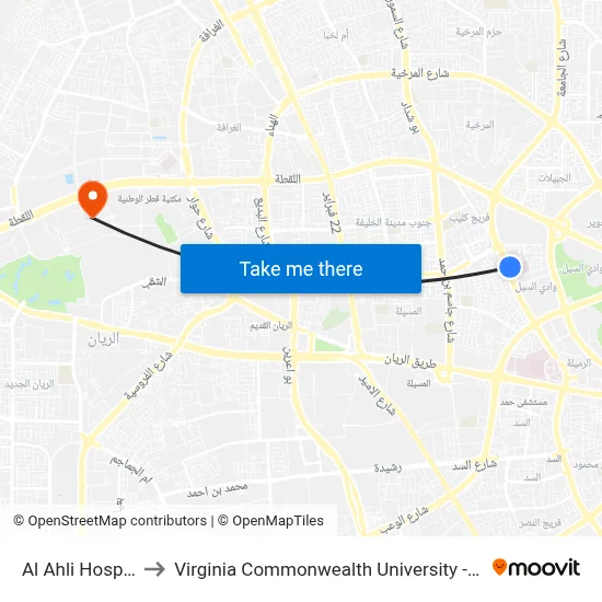 Al Ahli Hospital to Virginia Commonwealth University - Qatar map