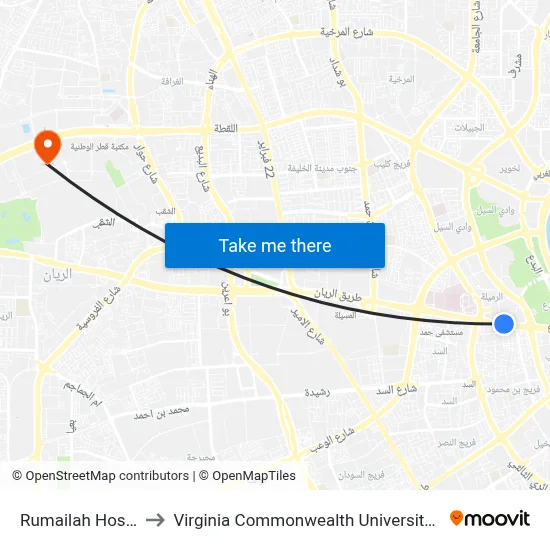 Rumailah Hospital to Virginia Commonwealth University - Qatar map