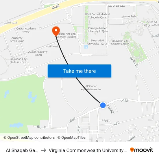 Al Shaqab Gate 7 to Virginia Commonwealth University - Qatar map