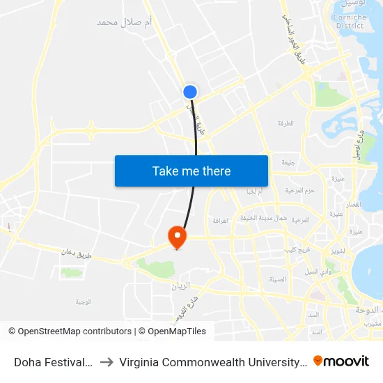 Doha Festival City to Virginia Commonwealth University - Qatar map