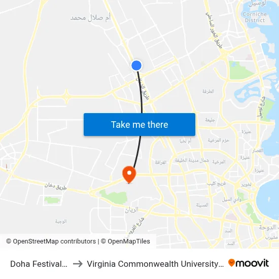Doha Festival City to Virginia Commonwealth University - Qatar map