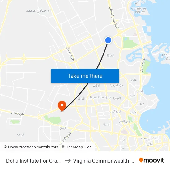 Doha Institute For Graduate Studies to Virginia Commonwealth University - Qatar map