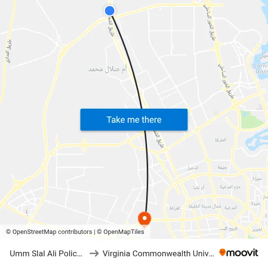 Umm Slal Ali Police Division to Virginia Commonwealth University - Qatar map
