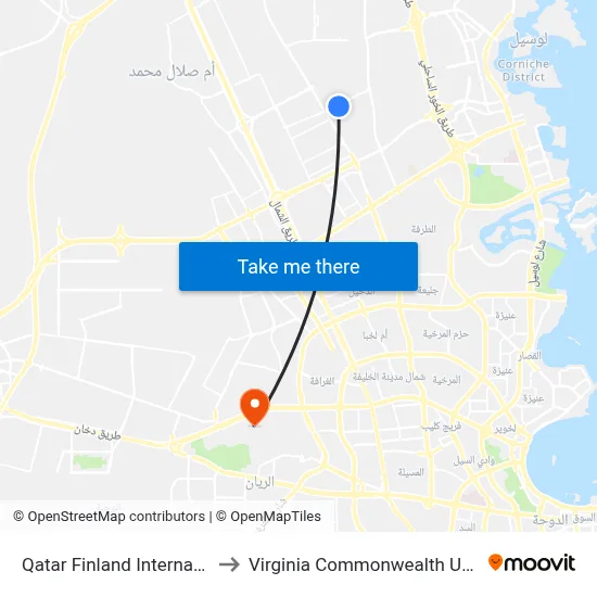 Qatar Finland International School to Virginia Commonwealth University - Qatar map