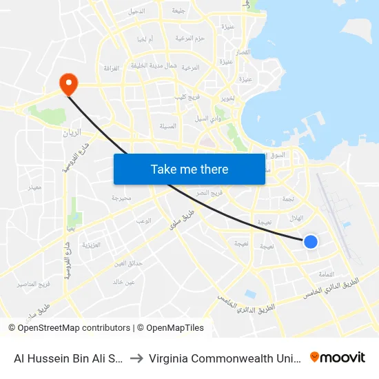 Al Hussein Bin Ali Street (Stop A) to Virginia Commonwealth University - Qatar map