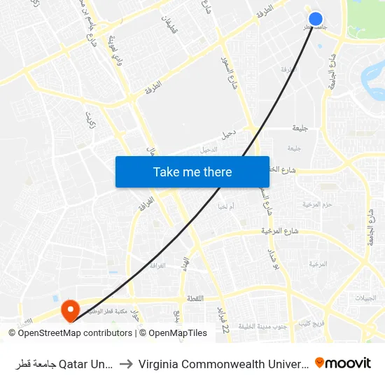 Qatar University to Virginia Commonwealth University - Qatar map