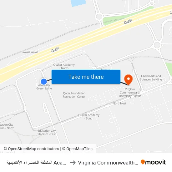 Academy Green Spine to Virginia Commonwealth University - Qatar map