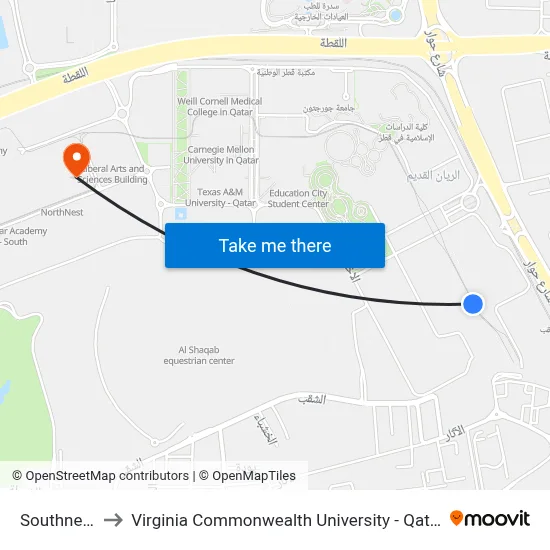Southnest to Virginia Commonwealth University - Qatar map