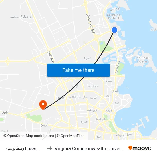 Lusail Central to Virginia Commonwealth University - Qatar map