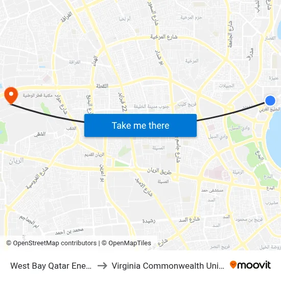 West Bay Qatar Energy Station to Virginia Commonwealth University - Qatar map