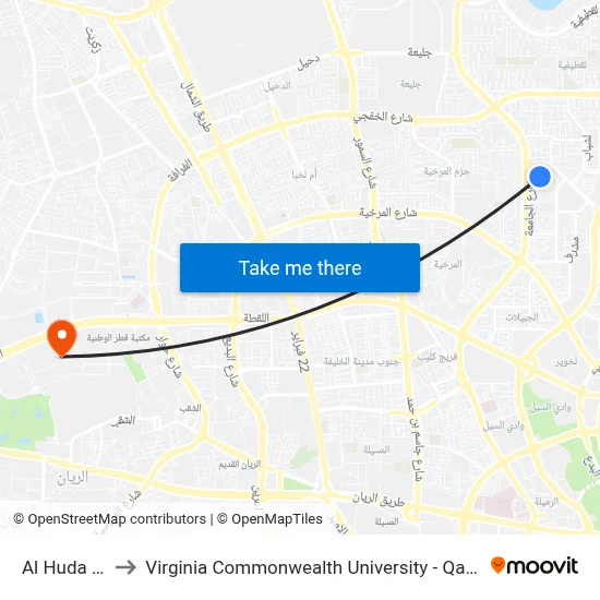 Al Huda Street to Virginia Commonwealth University - Qatar map