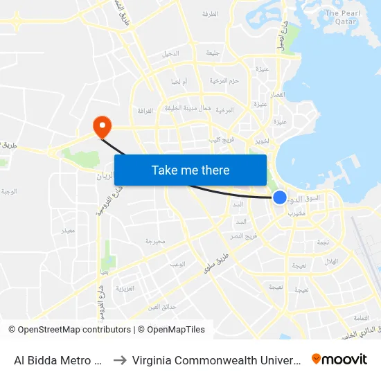 Al Bidda Metro Station to Virginia Commonwealth University - Qatar map