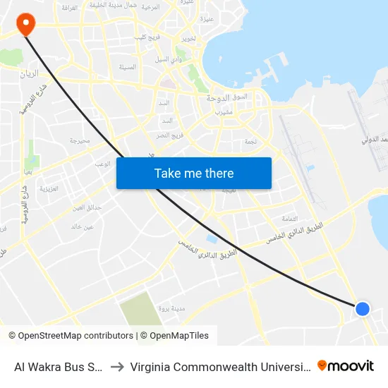 Al Wakra Bus Station to Virginia Commonwealth University - Qatar map