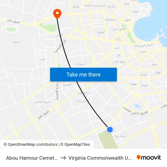 Abou Hamour Cemetery Mosque to Virginia Commonwealth University - Qatar map