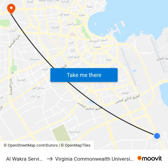 Al Wakra Service Road to Virginia Commonwealth University - Qatar map