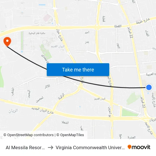 Al Messila Resort & Spa to Virginia Commonwealth University - Qatar map