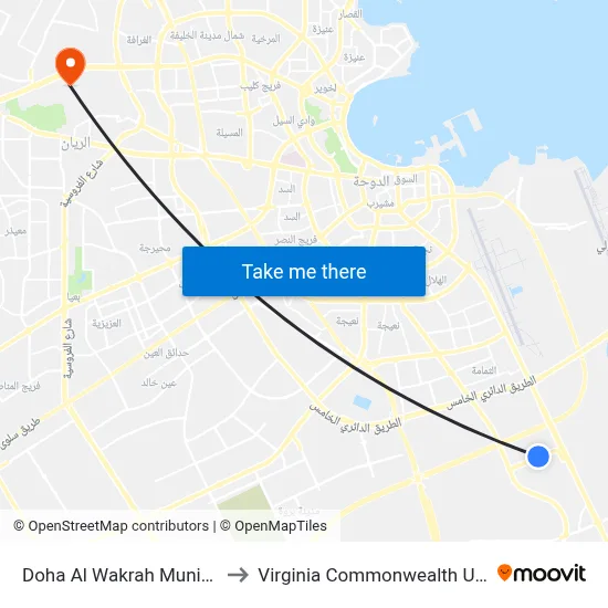 Doha Al Wakrah Municipality Stop 1 to Virginia Commonwealth University - Qatar map