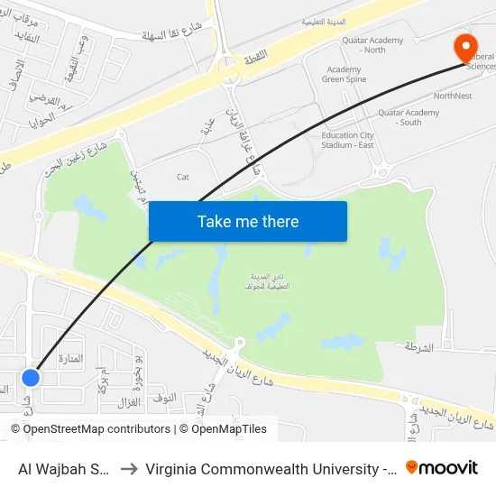 Al Wajbah Street 10 to Virginia Commonwealth University - Qatar map