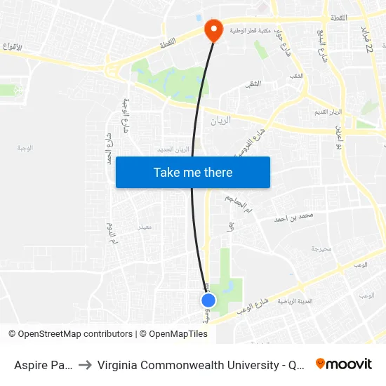 Aspire Park to Virginia Commonwealth University - Qatar map