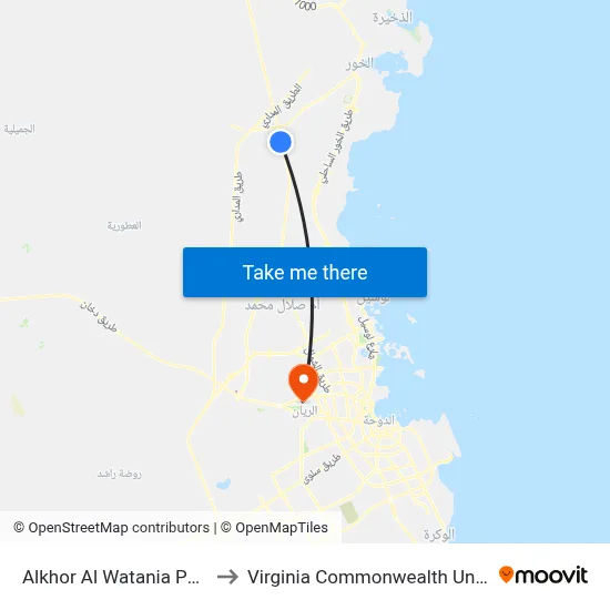 Al Khor Al Watania Petrol Station to Virginia Commonwealth University - Qatar map