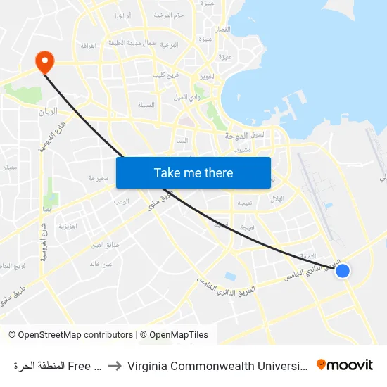 Free Zone to Virginia Commonwealth University - Qatar map