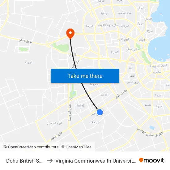 Doha British School to Virginia Commonwealth University - Qatar map