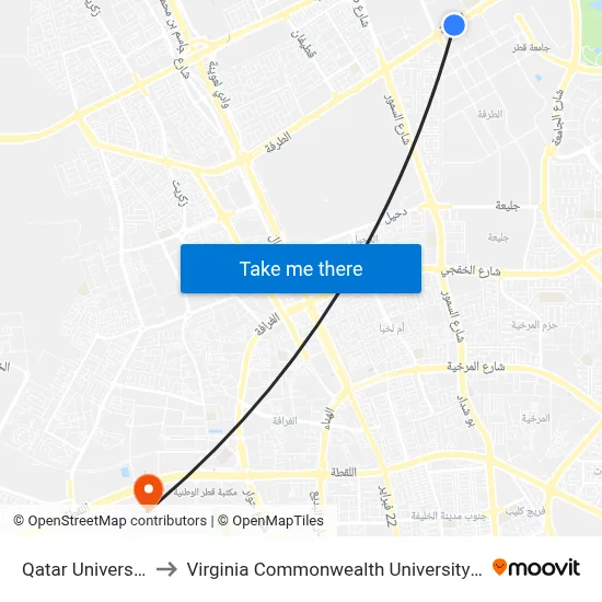 Qatar University 1 to Virginia Commonwealth University - Qatar map