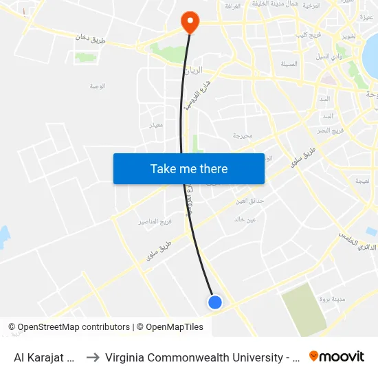Al Karajat Street 1 to Virginia Commonwealth University - Qatar map