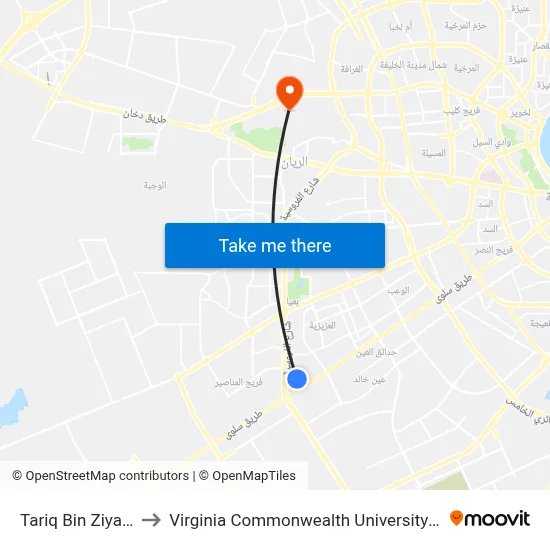 Tariq Bin Ziyad Street to Virginia Commonwealth University - Qatar map