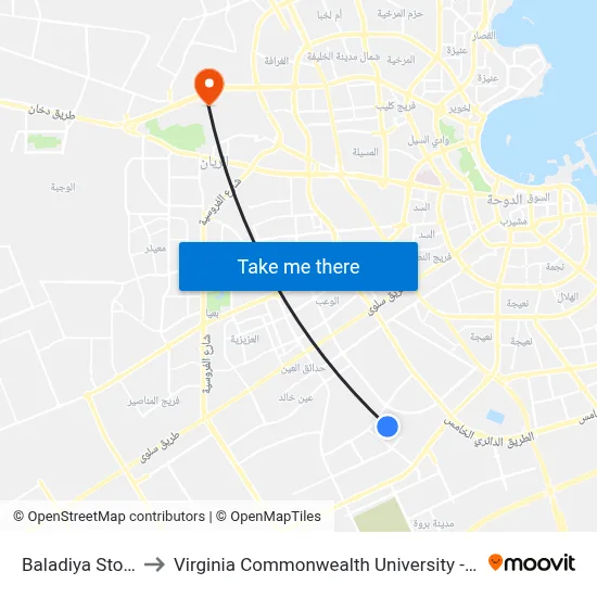 Baladiya Stop 1 to Virginia Commonwealth University - Qatar map
