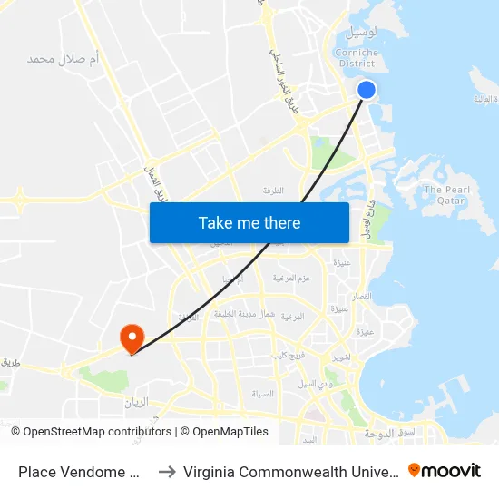 Place Vendome Mall East to Virginia Commonwealth University - Qatar map