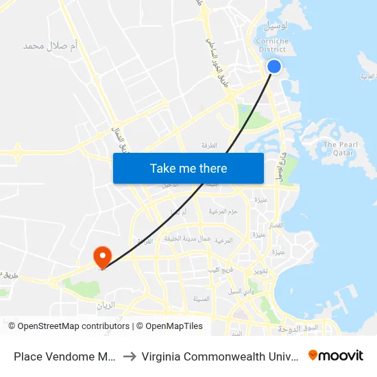 Place Vendome Mall North to Virginia Commonwealth University - Qatar map
