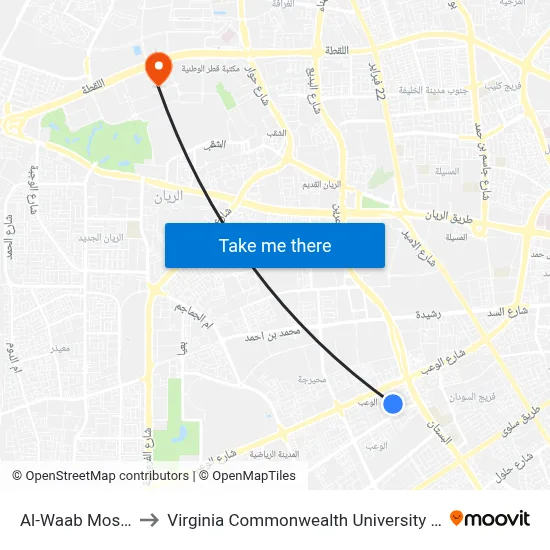 Al-Waab Mosque to Virginia Commonwealth University - Qatar map