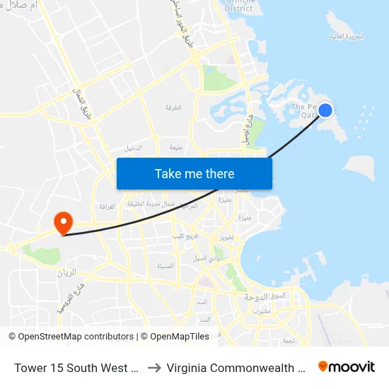 Tower 15 South West Fasht Al Ghabi to Virginia Commonwealth University - Qatar map