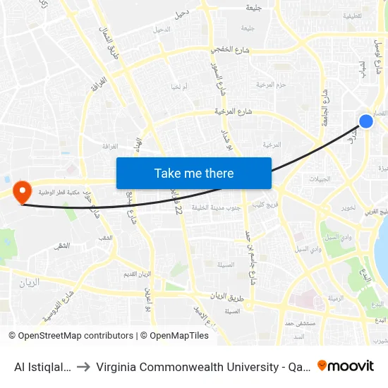 Al Istiqlal 3 to Virginia Commonwealth University - Qatar map