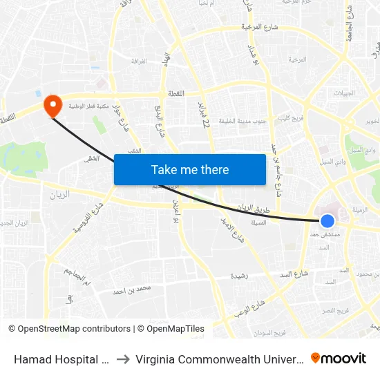 Hamad Hospital Station to Virginia Commonwealth University - Qatar map