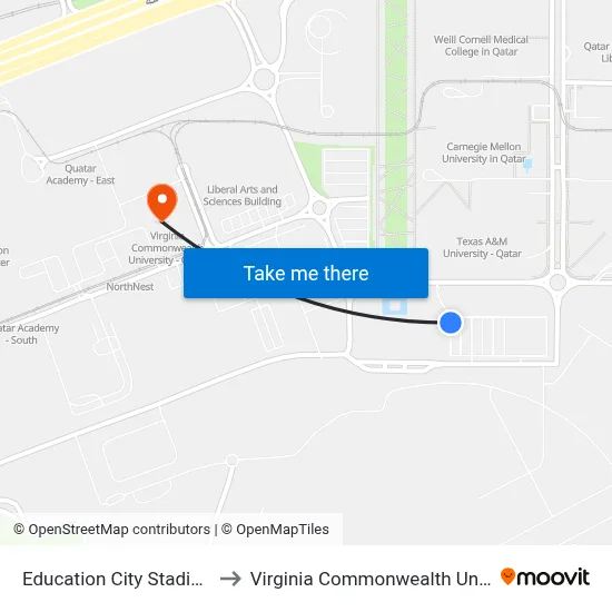 Education City Stadium Bus Mall to Virginia Commonwealth University - Qatar map