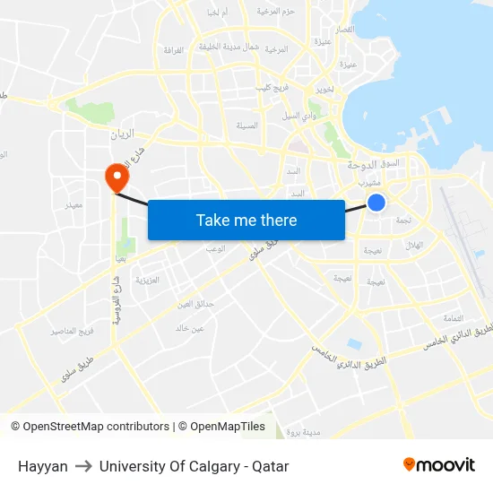 Hayyan to University of Calgary - Qatar map