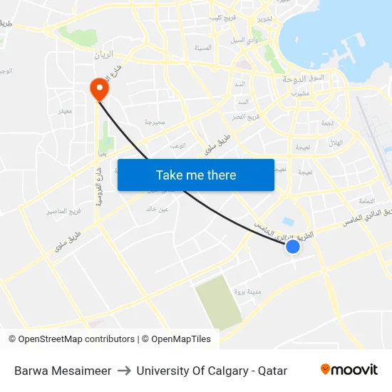 Barwa Mesaimeer to University of Calgary - Qatar map
