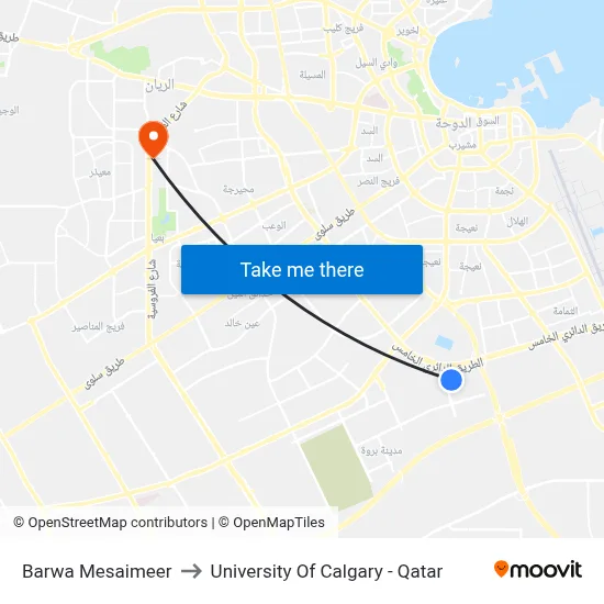 Barwa Mesaimeer to University of Calgary - Qatar map
