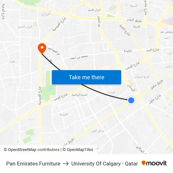 Pan Emirates Furniture to University of Calgary - Qatar map